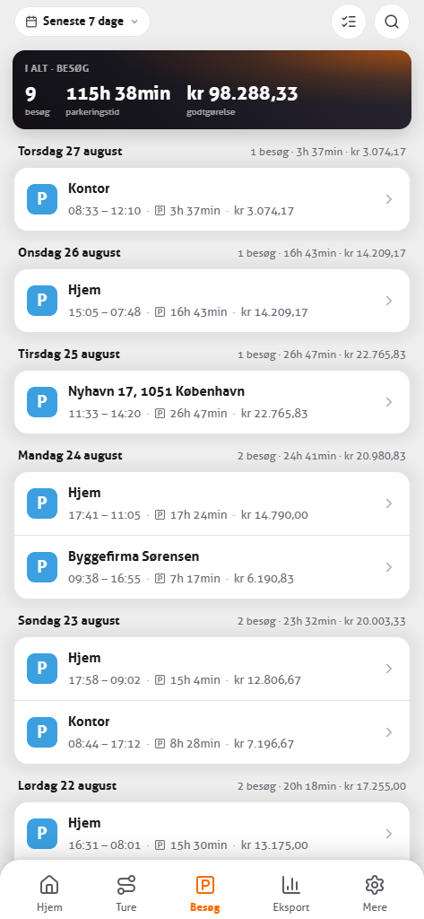 Besøgsoversigt i MoveJack-appen med den parkerede tid pr. sted