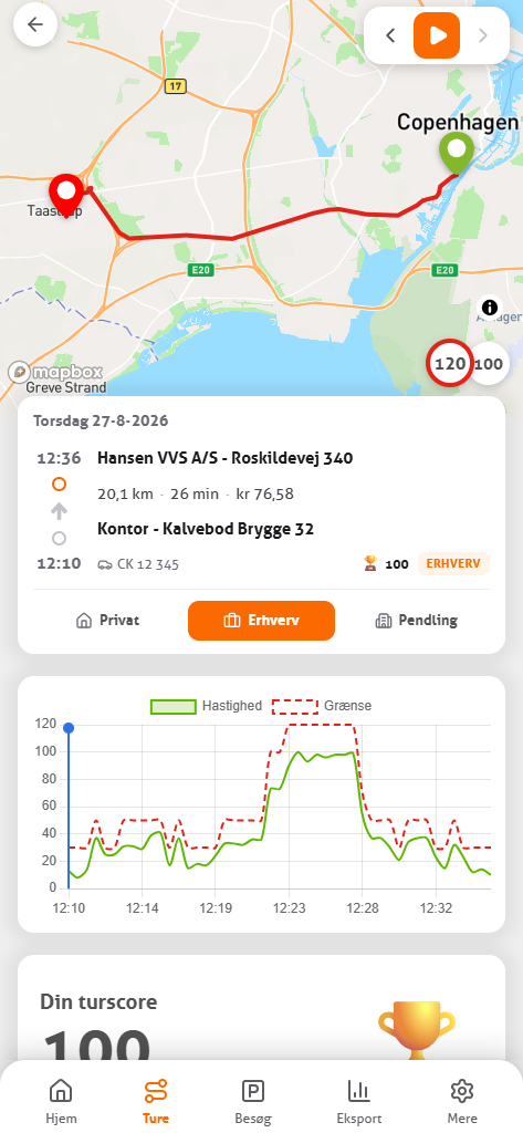 Detaljevisning af en tur i MoveJack-appen med ruten på kortet og turens data