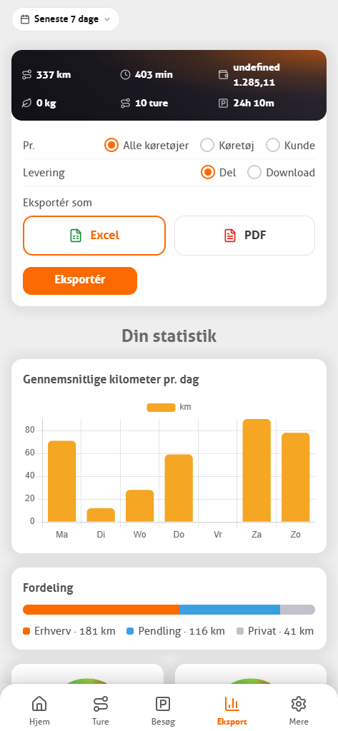 Eksportfanen i MoveJack-appen med valget pr. køretøj eller kunde, Excel eller PDF, og statistikken nedenunder