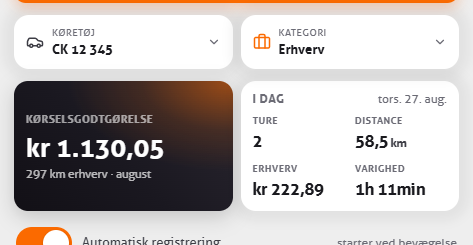 Valg af køretøj og kategori med feltet for kørselsgodtgørelse og dagens status