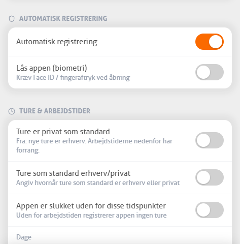 Indstillinger i MoveJack-appen med automatisk registrering, app-låsen og arbejdstiderne