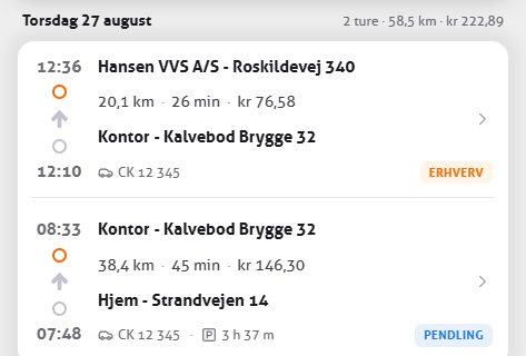 To ture fra samme dag med adresse, afstand, beløb og kategorimærkerne erhverv og hjem-arbejde
