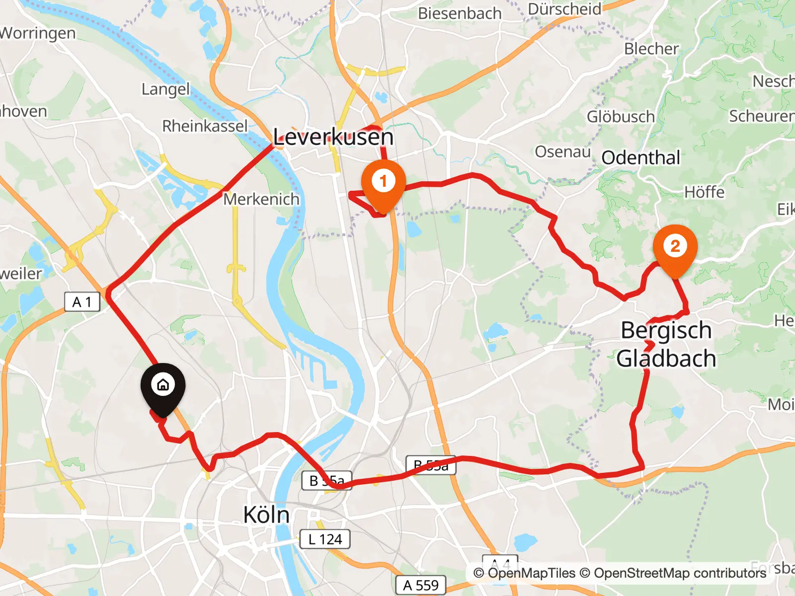 Karte eines Arbeitstags rund um Köln: von zu Hause zu einem Kunden in Leverkusen, Mittagessen in Bergisch Gladbach und zurück