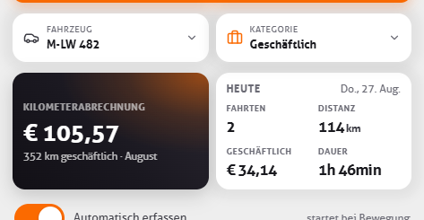 Fahrzeug- und Kategorieauswahl mit den Kacheln Kilometerabrechnung und dem Stand von heute