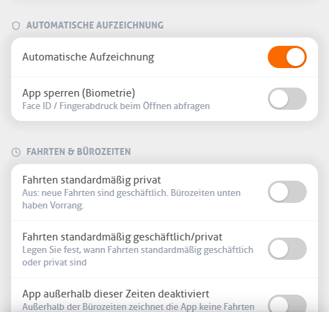 Einstellungen der MoveJack-App mit automatischer Aufzeichnung, App-Sperre und den B&uuml;rozeiten