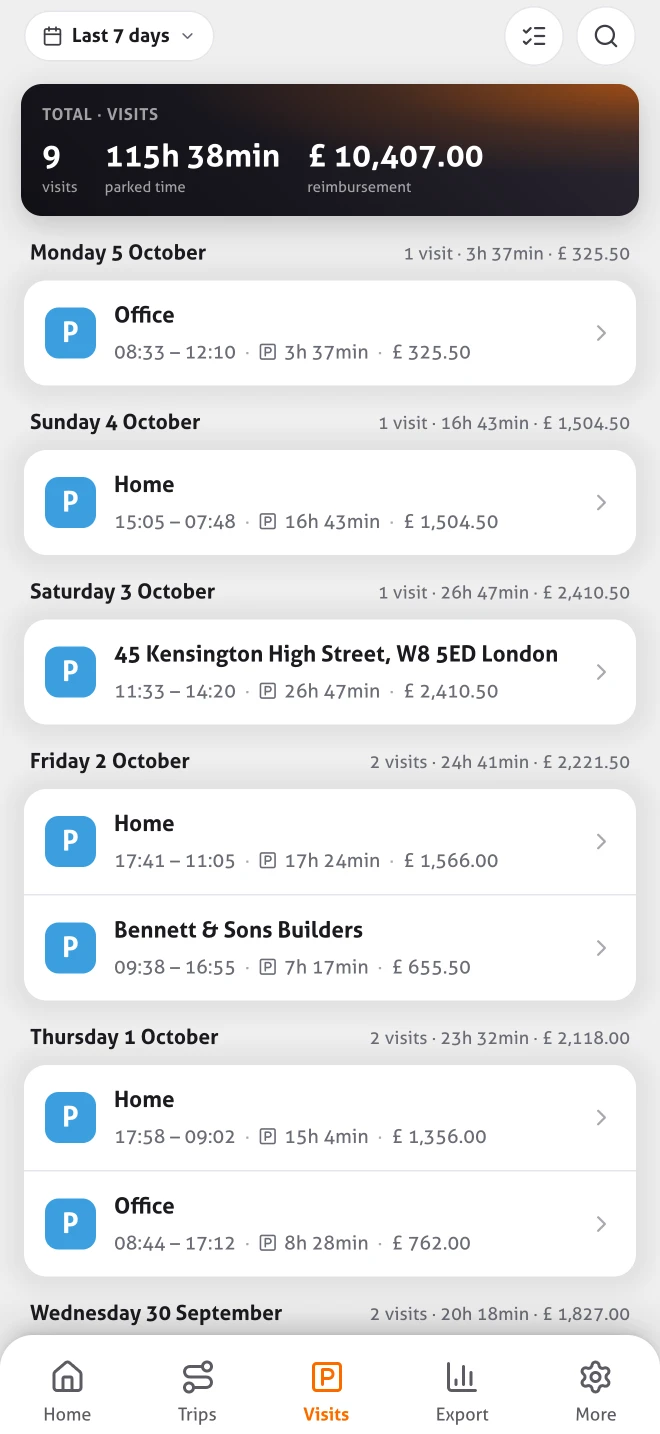 Visits in the MoveJack app: arrival, departure and time spent at each location
