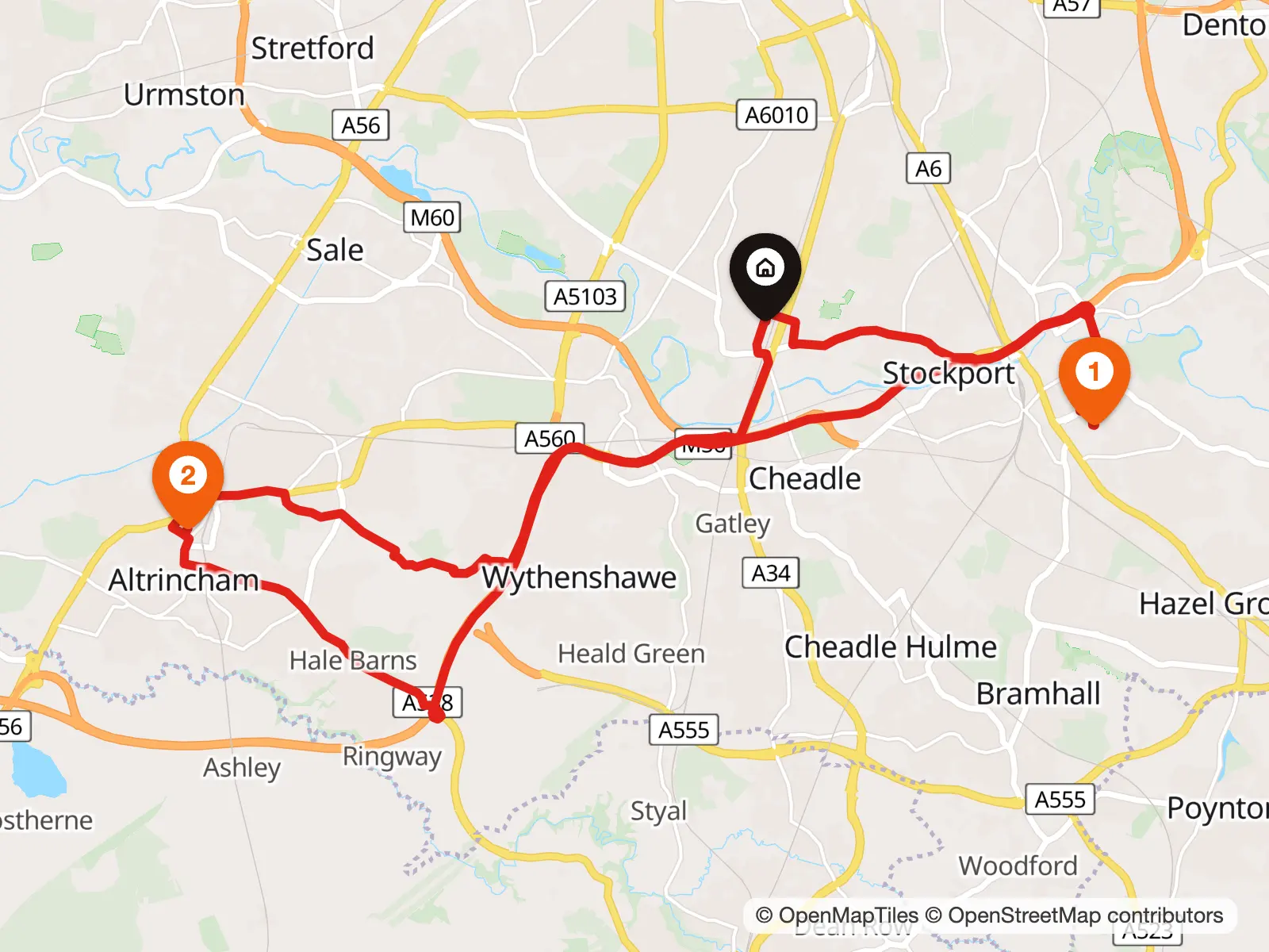 Map of a working day around Manchester: from home in Didsbury to a client in Stockport, lunch in Altrincham and back home