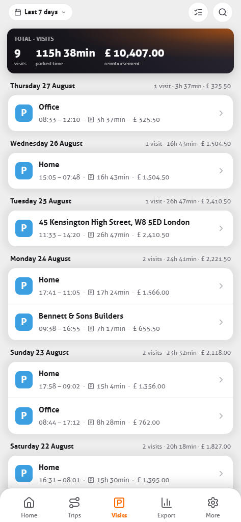 Visit overview in the MoveJack app with the parked time per location
