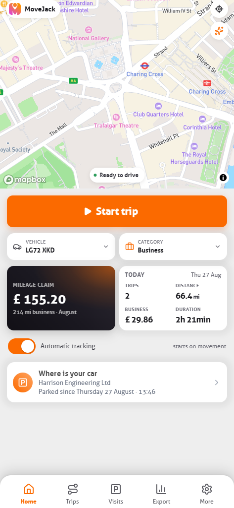 Home screen of the MoveJack app with the map, the active vehicle and this month’s mileage claim