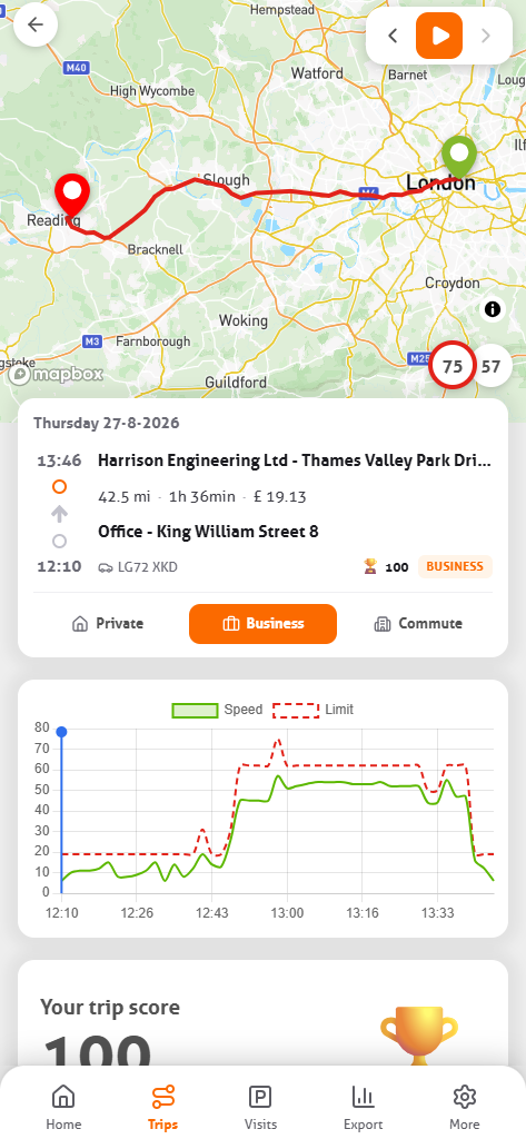 Detail view of a trip in the MoveJack app with the route on the map and the trip data