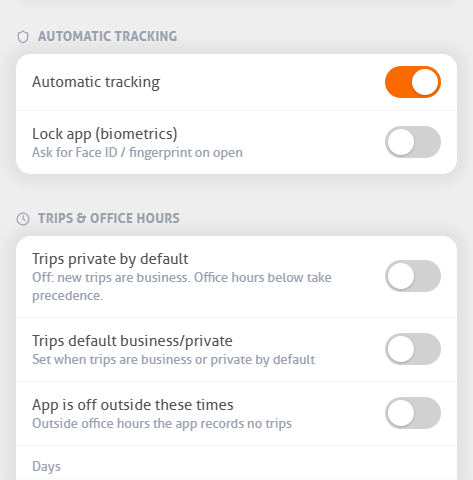 Settings of the MoveJack app with automatic tracking, the app lock and office hours