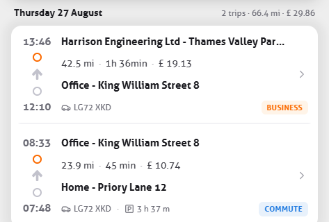Two trips from one day with address, distance, amount and the category labels business and commute