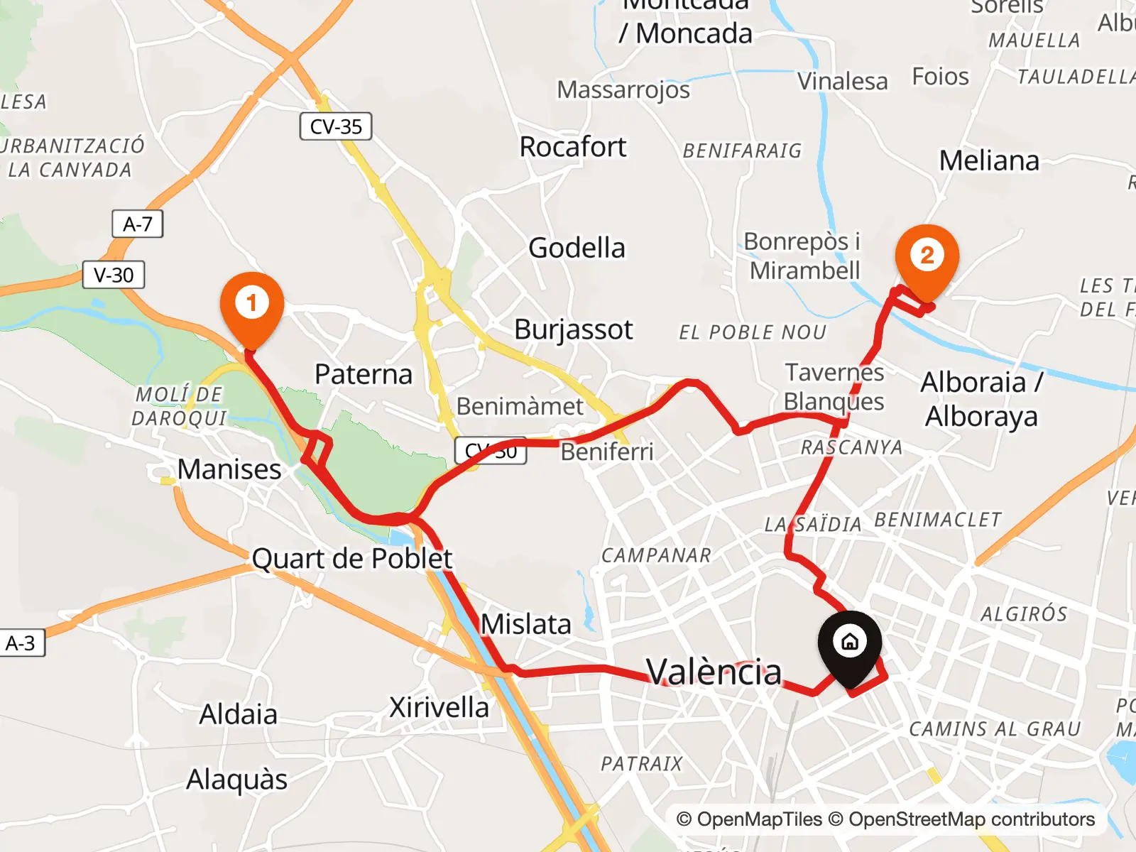 Mapa de una jornada en València: de casa en Russafa a un cliente en Paterna, comida en Alboraia y vuelta a casa