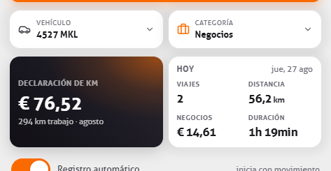 Selección de vehículo y categoría con el panel de declaración de kilómetros y cómo va el día