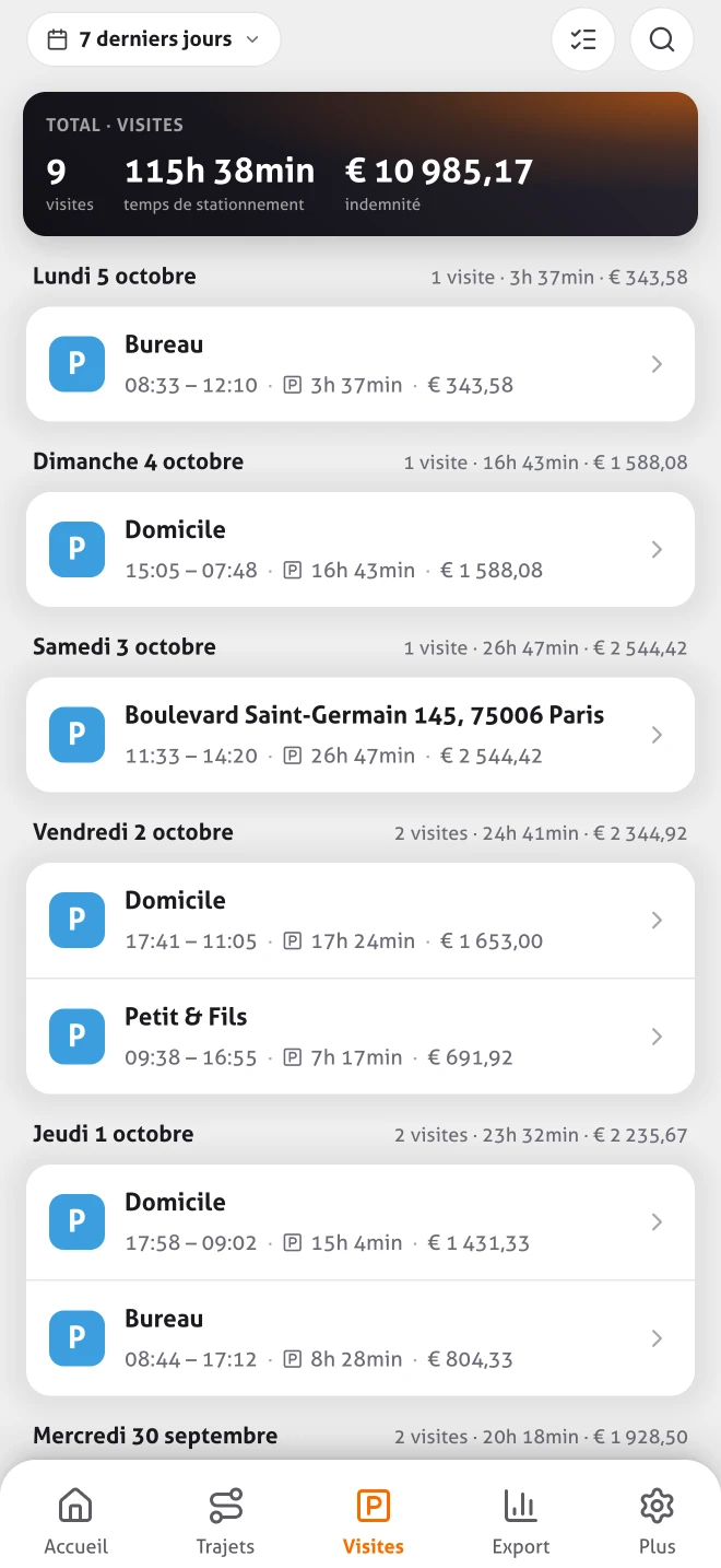 Les visites dans l&rsquo;application MoveJack : arriv&eacute;e, d&eacute;part et temps pass&eacute; sur place, pour chaque lieu