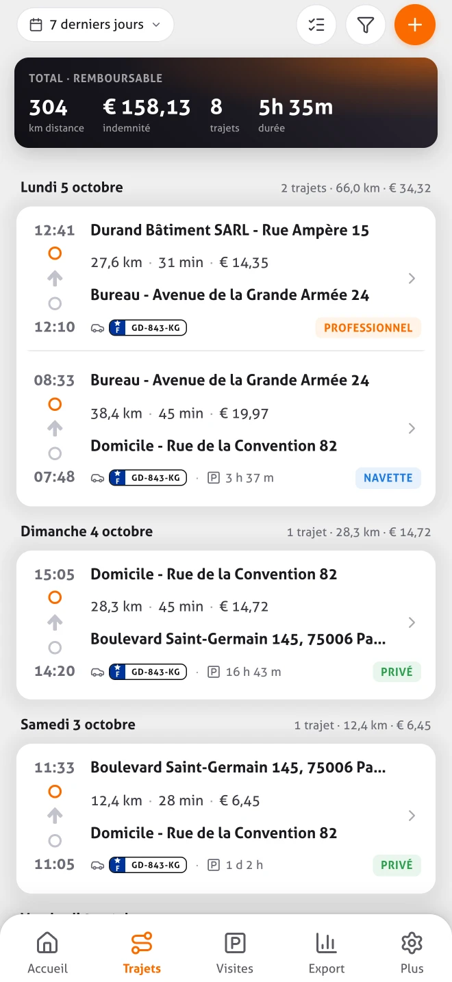 La liste des trajets dans l&rsquo;application MoveJack : trajets par jour avec horaires, kilom&egrave;tres, indemnit&eacute;, plaque d&rsquo;immatriculation et type de trajet (professionnel, navette ou priv&eacute;)