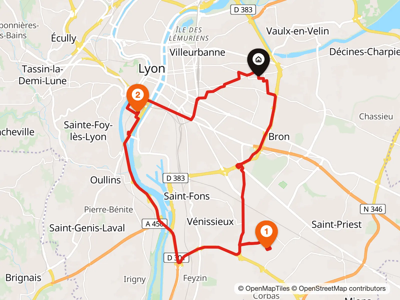 Carte d’une journée de travail autour de Lyon : du domicile à Villeurbanne vers un client à Vénissieux, déjeuner à Confluence et retour
