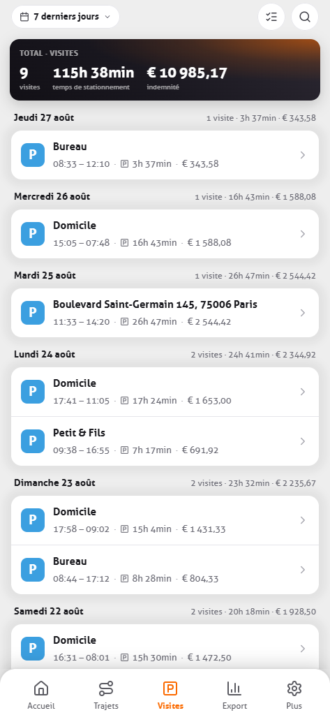Aperçu des visites dans l’application MoveJack avec le temps stationné par lieu