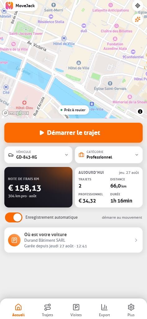 Écran d’accueil de l’application MoveJack avec la carte, le véhicule actif et la note de frais kilométrique du mois