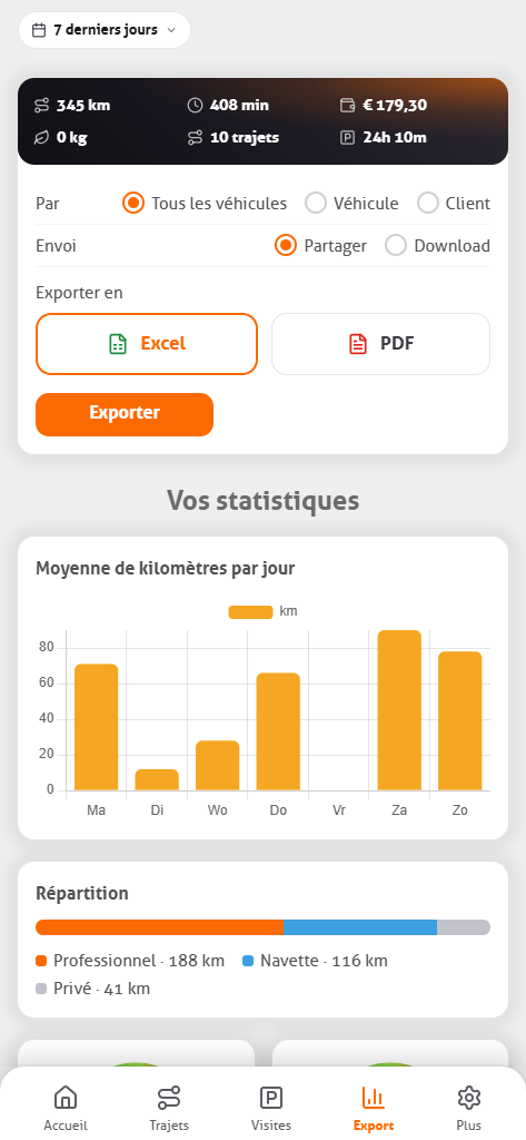 Onglet d’export de l’application MoveJack avec le choix par véhicule ou par client, Excel ou PDF, et les statistiques en dessous