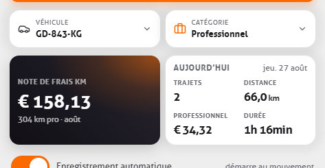 Choix du véhicule et de la catégorie avec la tuile de note de frais et l’état du jour