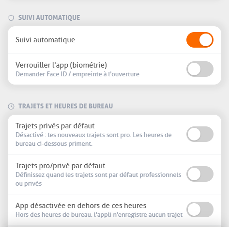 Paramètres de l’application MoveJack avec le suivi automatique, le verrouillage de l’app et les heures de bureau