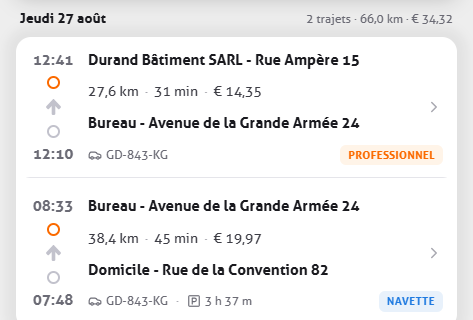 Deux trajets d’une même journée avec adresse, distance, montant et les étiquettes de catégorie professionnel et domicile-travail
