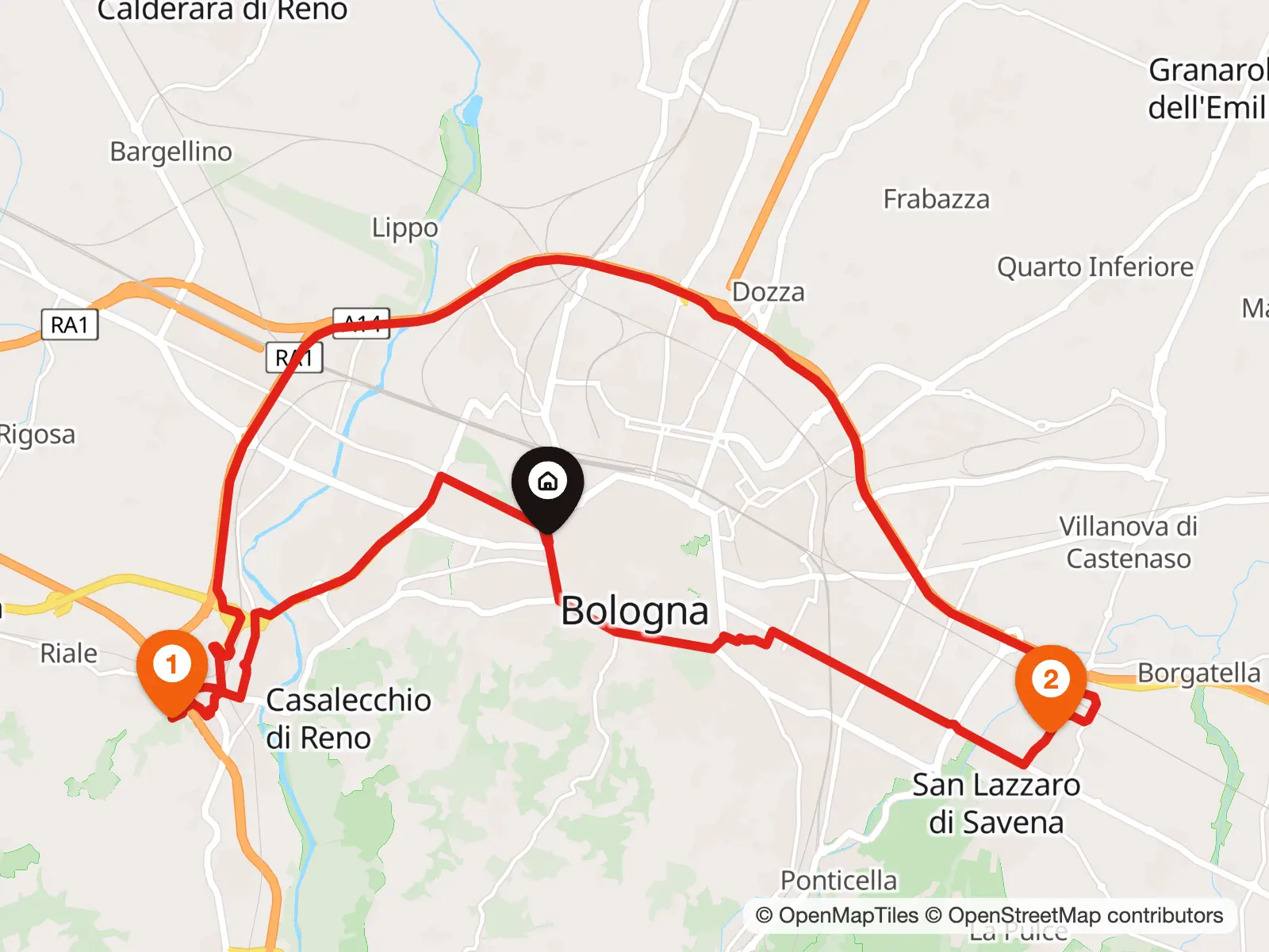 Mappa di una giornata di lavoro intorno a Bologna: da casa a un cliente a Casalecchio di Reno, pranzo a San Lazzaro e ritorno