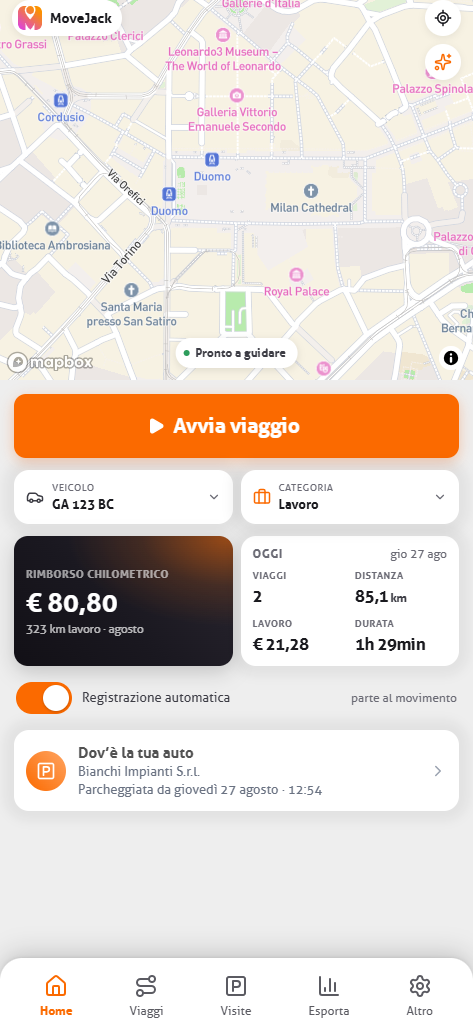 Schermata principale dell’app MoveJack con la mappa, il veicolo attivo e il rimborso chilometrico di questo mese