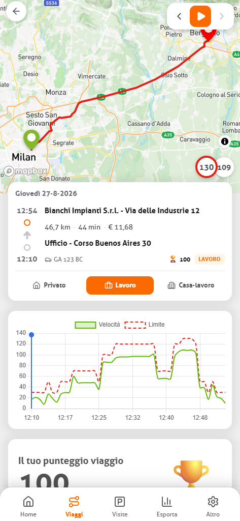 Vista dettagliata di un viaggio nell’app MoveJack con il percorso sulla mappa e i dati del viaggio