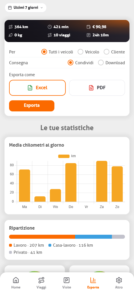 Scheda di export dell’app MoveJack con la scelta per veicolo o cliente, Excel o PDF, e le statistiche sotto