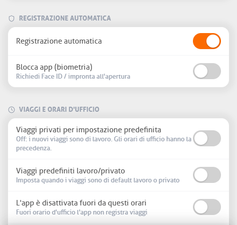 Impostazioni dell’app MoveJack con la registrazione automatica, il blocco dell’app e gli orari d’ufficio