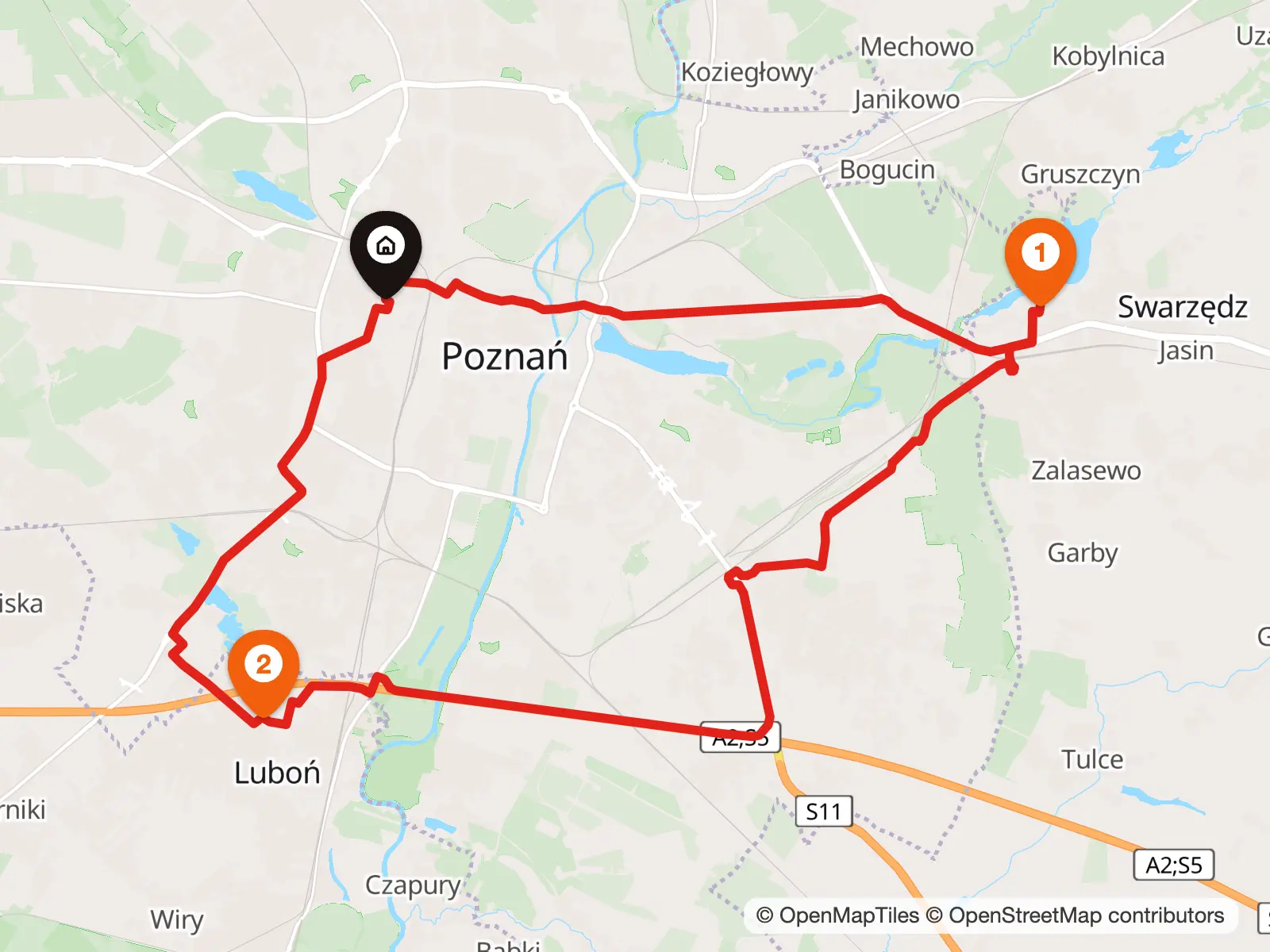 Mapa dnia pracy wokół Poznania: z domu do klienta w Swarzędzu, obiad w Luboniu i powrót