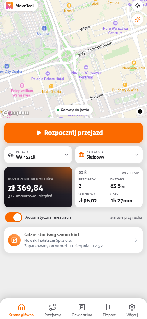Ekran startowy MoveJack z mapą i licznikiem miesiąca