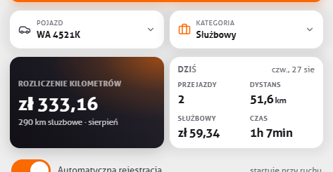 Wybór pojazdu i kategorii z kafelkiem rozliczenia kilometrów i stanem dnia