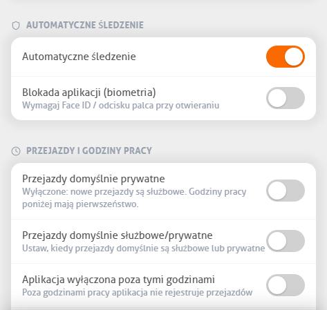 Ustawienia aplikacji MoveJack z automatycznym śledzeniem, blokadą aplikacji i godzinami pracy