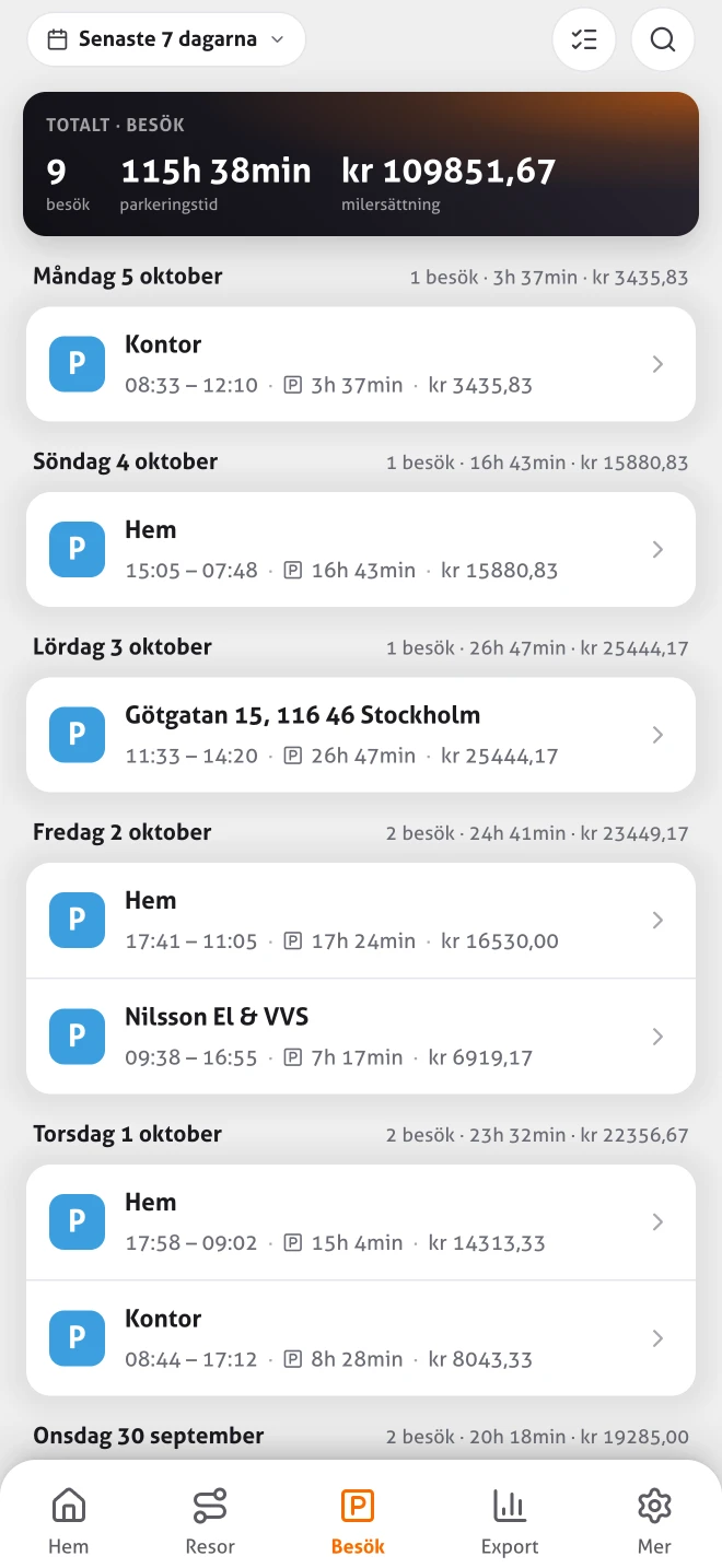 Besök i MoveJack-appen: ankomst, avfärd och hur länge du var på varje plats
