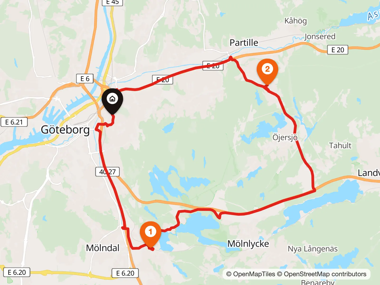 Karta över en arbetsdag runt Göteborg: hemifrån till en kund i Mölndal, lunch i Partille och hem igen