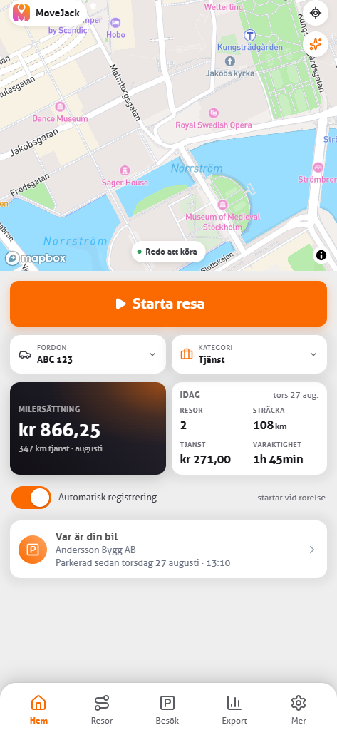MoveJack-appens startskärm med månadens kilometer