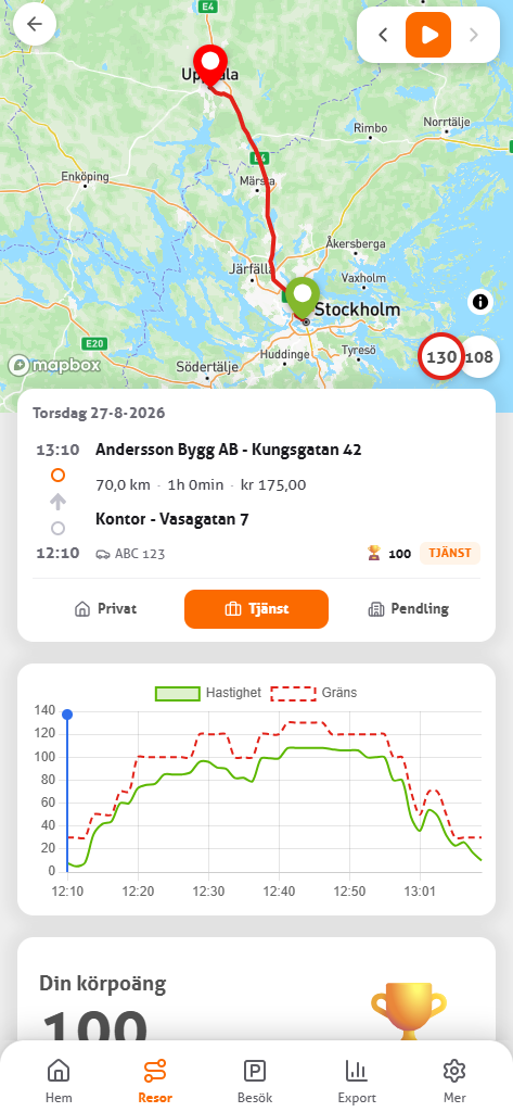 En resa i MoveJack-appen med rutt, sträcka och tider