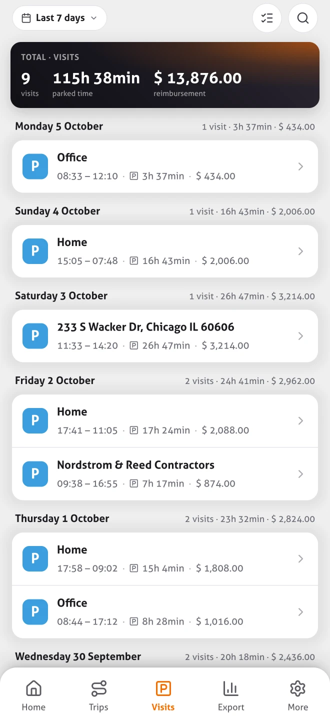 Visits in the MoveJack app: arrival, departure and time on site for each location