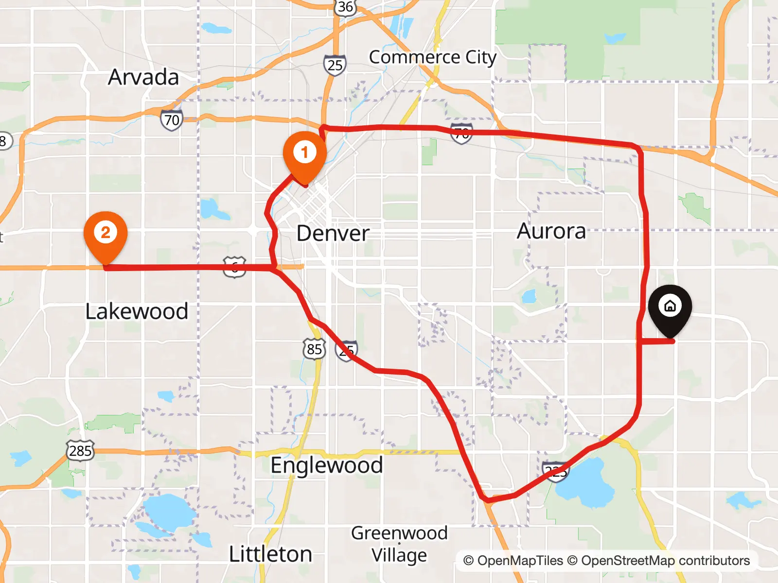 Map of a workday around Denver: from home in Aurora to a client downtown, lunch in Lakewood and back home
