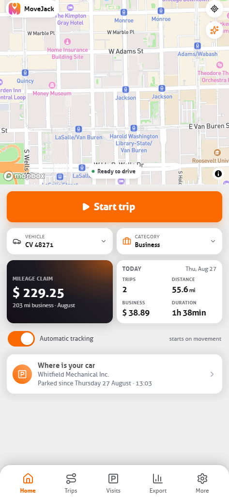 Home screen of the MoveJack app with the map, the active vehicle and this month’s mileage claim