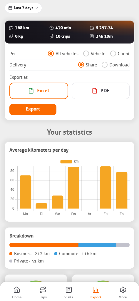 Export tab of the MoveJack app with the choice per vehicle or client, Excel or PDF, and the statistics below
