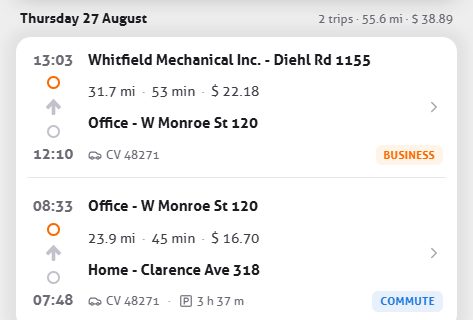 Two trips from one day with address, distance, amount and the category labels business and commute