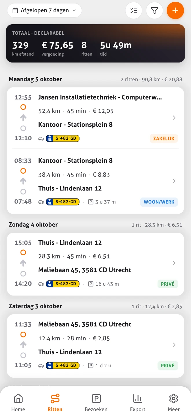 Het rittenoverzicht in de MoveJack-app: ritten per dag met tijden, afstand, vergoeding, kenteken en zakelijk, woon-werk of privé