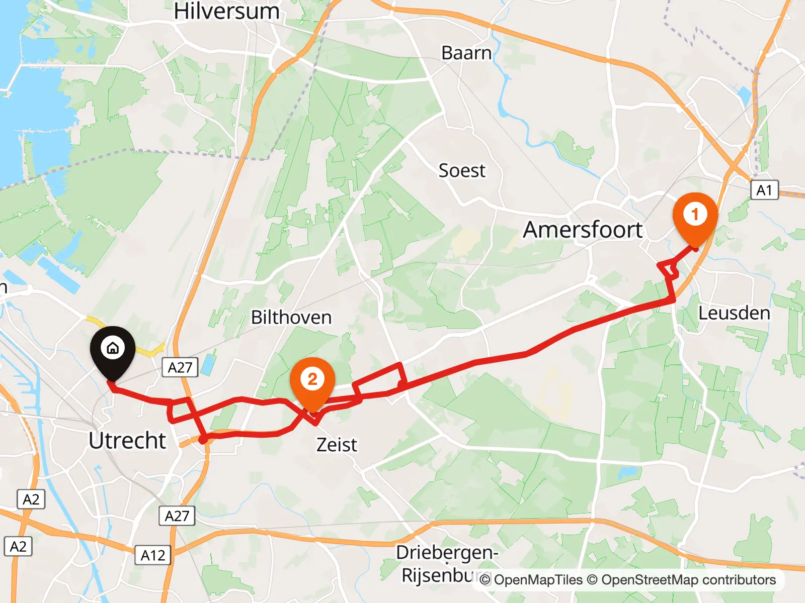 Kaart van een werkdag rond Utrecht: van huis naar een klant in Amersfoort, lunch in Zeist en terug naar huis
