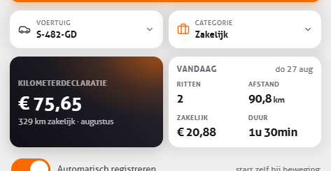 Voertuig- en categoriekeuze met de tegels kilometerdeclaratie en de stand van vandaag