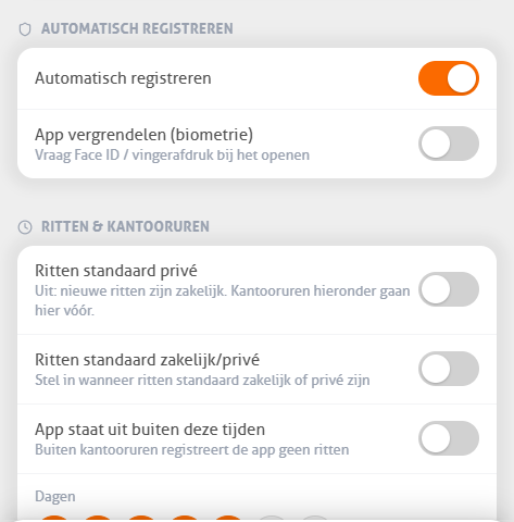Instellingen van de MoveJack-app met automatisch registreren, app vergrendelen en de kantooruren