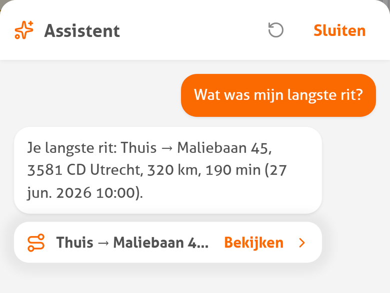 De MoveJack AI-assistent beantwoordt de vraag: Wat was mijn langste rit?